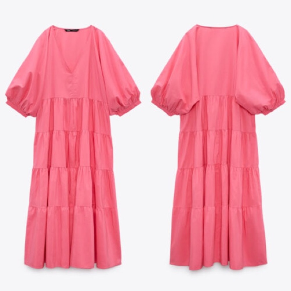 NWT Pink Zara Tiered Poplin Dress